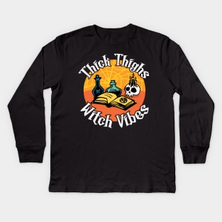 Thick Thighs Witch Vibes Spell Book, Potions, Skull Kids Long Sleeve T-Shirt